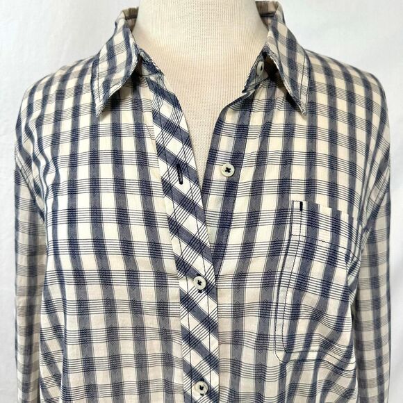 LUCKY BRAND NWT Blue Cream Plaid Collared Blouse Cinch Waist Womens XL Bohemian - Picture 2 of 8